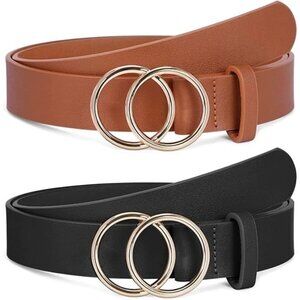 SANSTHS 2 Pack Women Faux Leather Belts In Black/Brown Waist Size 29"-33"